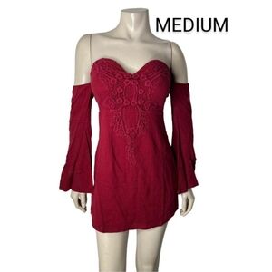 🆕Red Wine Off Shoulder Crochet Detailed Cut Out Sleeves Babydoll Dress~Size M